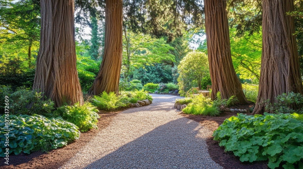Aufkleber a path is lined with trees and plants