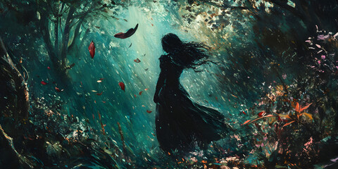 Obraz premium Enchanted Forest: A mysterious woman in a flowing black dress stands amidst a vibrant, enchanted forest, surrounded by falling leaves and mystical flora. The scene evokes a sense of wonder, mystery.