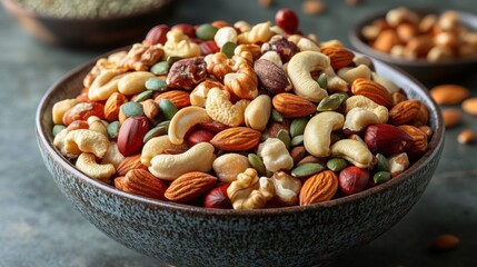 A bowl of mixed nuts and seeds, perfect for snacking or cooking.
