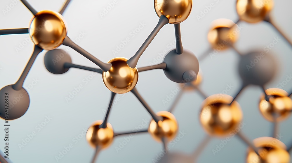 Poster a close-up of a molecular structure made of gold and gray spheres. the structure is complex and intr