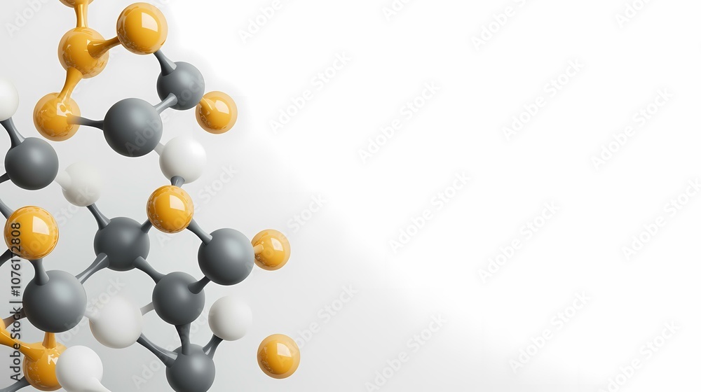 Poster the image contains a 3d rendering of a molecule with yellow, white, and gray spheres connected by bl