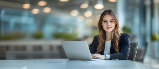 Young and beautiful female employee  working no a laptop in a modern office. Businesswoman smiling and looking at camera	