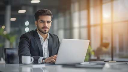 Fototapeta premium Young businessman working on a laptop in a modern office background. Corporate employee wearing business suit