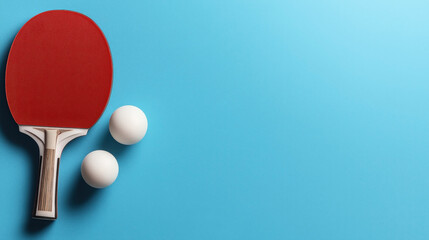 Table tennis paddle with red rubber and two white ping pong balls on blue background with copy space