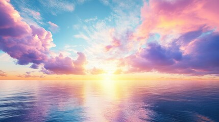 Obraz premium Dramatic sunset paints the sky with colorful clouds above the ocean, creating a breathtaking scene with vibrant hues and ample space for text or design elements.