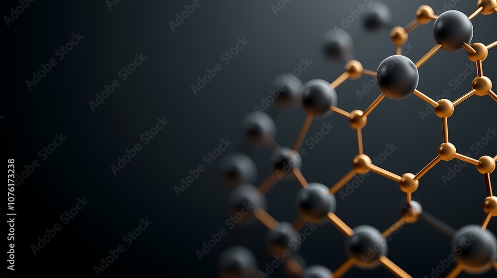 Poster the image shows a 3d rendering of a molecular structure with black spherical atoms connected by gold