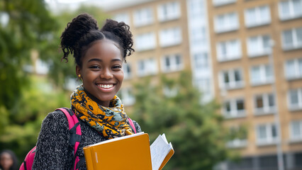 Young smiling college girl at college campus holding books and notebooks. 