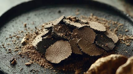 Close-up image of finely chopped truffles, complemented by truffle-based products, inviting you to experience the luxury of truffles in every delectable dish. Photo style with ample copy space.