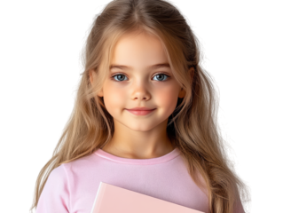 Little girl's joyful journey into reading, discovering the magic of books with vibrant pink companion