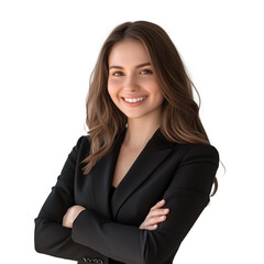 Obraz premium Young smiling business woman crossed arms on white isolated background. Business woman in a black suit PNG