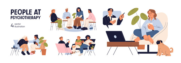People are at psychotherapy sessions set. Psychological support in group therapy. Psychotherapists, psychologists help with mental disorders of patients. Flat isolated vector illustrations on white