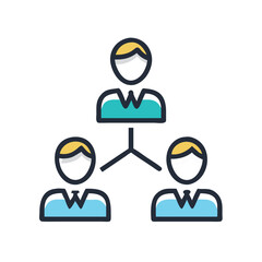 Team collaboration with cogwheel icon, Illustration of three business figures connected by lines with a cogwheel above, representing teamwork and project management.
