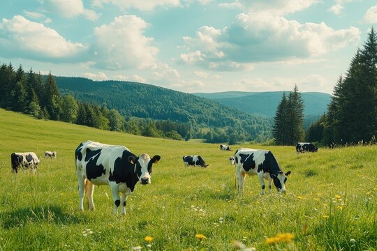 Cows grazing on green pasture in mountain valley on sunny day