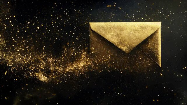 A luxurious gold envelope surrounded by glittering dust particles, set against a dark background, creating an elegant and mysterious scene.