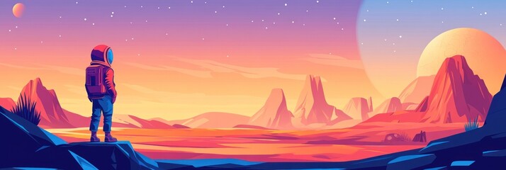 Fototapeta premium A lone astronaut gazes at a vibrant alien landscape under a colorful sky.