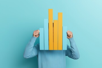 A person hides their face behind colorful bar charts, symbolizing data analysis, trends, and financial growth against a soothing blue background.