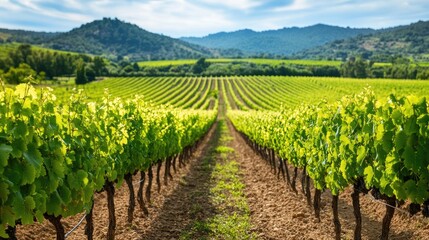 Young grapevine shoots thrive in the vineyard, highlighting the vibrant growth and potential of these young grapevines. The vineyards picturesque setting offers ample copy space.