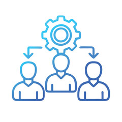 Obraz premium Team collaboration with cogwheel icon, Illustration of three business figures connected by lines with a cogwheel above, representing teamwork and project management. 