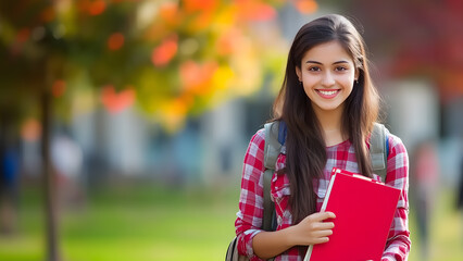 Young smiling Indian college girl at college campus holding books and notebooks.