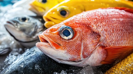 Freshly caught fish arranged at a vibrant market, highlighting the freshness and variety of fish available, with ample copy space for any additional text or design elements.