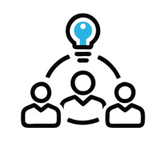 Team brainstorming icon with light bulb, Vector icon showing three people connected by a light bulb, symbolizing teamwork, idea generation, and collaborative brainstorming.
