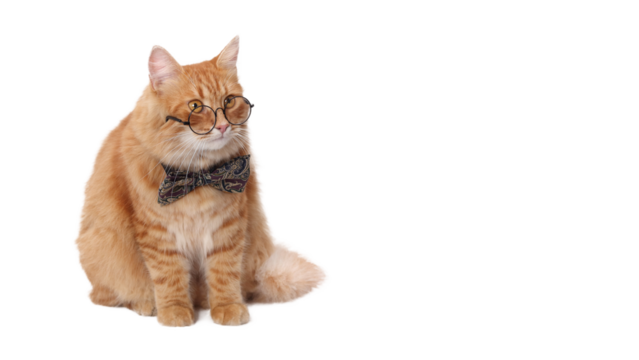 Smart Cat. Orange cat wearing glasses and bow tie. Perfect for pet-themed content, humorous projects, and advertising materials. Day of knowledge, study, science student. Ginger Cat at looks away.