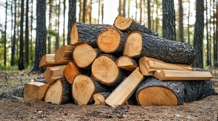 A close-up view of a pile of firewood logs and kindling sticks arranged with cut fallen tree trunks in a forest setting, offering ample space for text overlay.