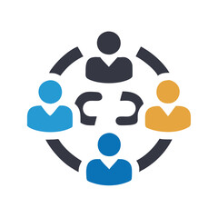 Team collaboration icon in circle design, Vector icon showing four people in a circular arrangement symbolizing teamwork, collaboration, and group connection. 
