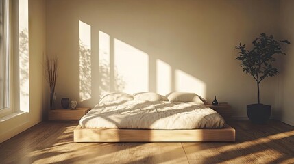 Minimalist bedroom interior design highlights wooden bed elements, creating a serene atmosphere. The wooden bed complements the overall minimalist style while providing ample photo space.