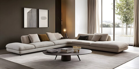 Modern Sectional Sofa in a Cozy Living Room: A sleek and stylish sectional sofa takes center stage in a modern living room, bathed in natural light streaming through expansive windows.