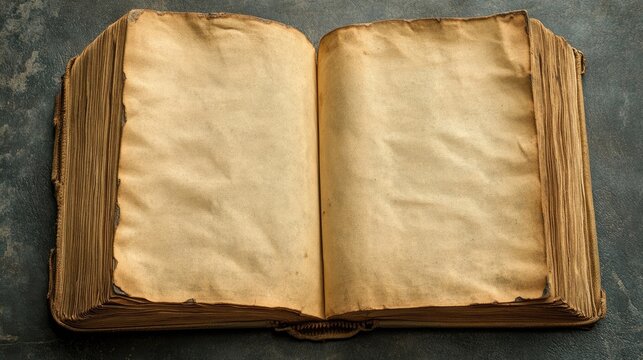 Vintage opened book displaying aged classic paper, inviting readers to explore its weathered pages. The old books texture adds a timeless charm, offering ample copy space for text.