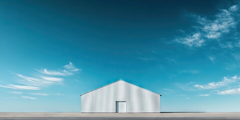 Obraz premium A solitary white warehouse stands alone beneath a vibrant blue sky, showcasing a stark contrast between the building and the expansive, clear atmosphere above.