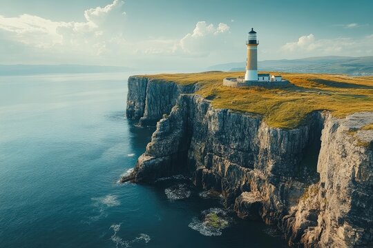 Neist point lighthouse standing on impressive cliffs at sunset, isle of skye, scotland