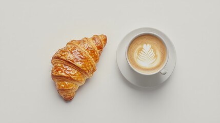 Freshly baked croissant paired with a coffee cup on a clean white background, perfect for a delightful breakfast scene and capturing the essence of morning indulgence with coffee.