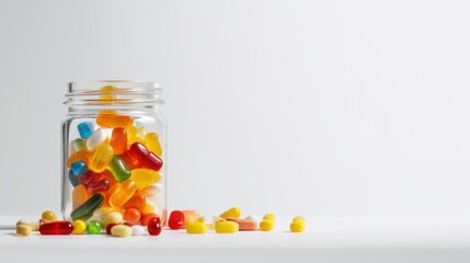 Colorful assortment of pills in glass jar with copy space