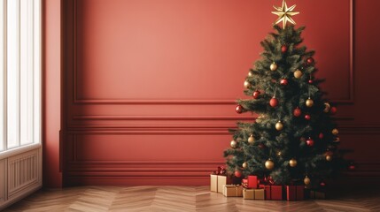 Cozy christmas room with festive tree and gifts by the window with copy space