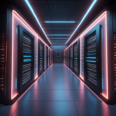 Fototapeta premium Modern Digital Infrastructure, Inside a Data Center Server Room, Sleek Data Center With Rows of Glowing Servers, Hinting at Cybersecurity and Cloud Storage Themes