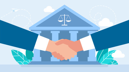 Pre trial agreement handshake concept. Contract and agreement deals. Agreement and sign legally binding documents. Management contract, buy, sell, rent, borrow. Flat design. Vector illustration.