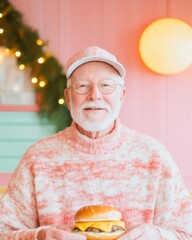 Elderly Man Enjoying Burger in Retro-Style Restaurant with Warm Lighting