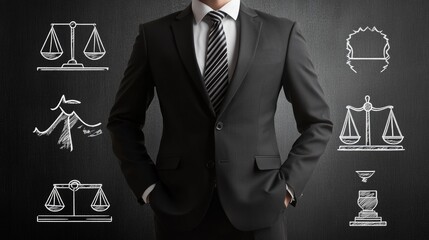 legal professional with justice icons. a suited legal professional.