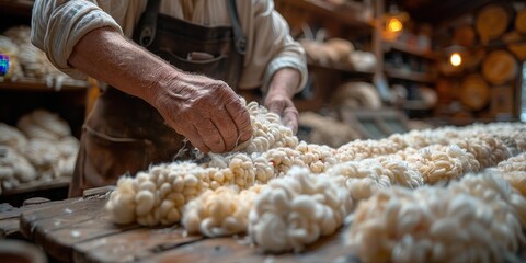 Hands of a worker processes sheep wool close-up sheep