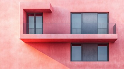 Fototapeta premium Minimalist Pink Building With Windows and Balcony