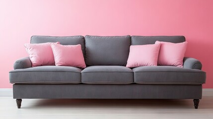 Naklejka premium Contemporary gray sofa positioned elegantly against pink walls, complemented by pink cushions. Modern living room interior highlights the gray sofa and offers ample photo style copy space.