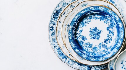 Obraz premium Collection of vintage blue and white porcelain plates arranged in a stack against a minimalistic background. Antique porcelain dishes displayed from above, with ample copy space.