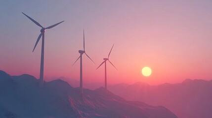 Fototapeta premium Wind Turbines Silhouetted Against Majestic Mountain Sunrise Landscape with Renewable Energy