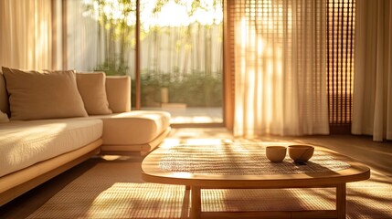 Sunlit living room with bamboo decor creates a natural and calming atmosphere. A zen workspace highlights minimalistic bamboo art, perfect for relaxation and focus.