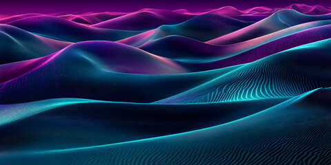 Obraz premium Neon Dreamscape: Abstract digital art of vibrant, glowing hills in shades of teal, purple, and pink, creating a surreal and futuristic landscape.
