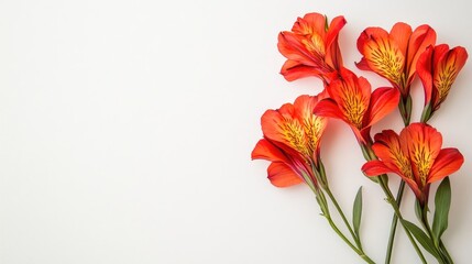 Vibrant red alstromeria flowers arranged beautifully against a clean white background, perfect for adding an elegant touch with ample copy space for your creative needs.