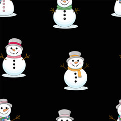 Seamless Christmas pattern with snowmen. Winter pattern for the new year on a black background