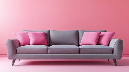 Fototapeta premium Contemporary gray sofa positioned elegantly against pink walls, complemented by pink cushions. Modern living room interior highlights the gray sofa and offers ample photo style copy space.